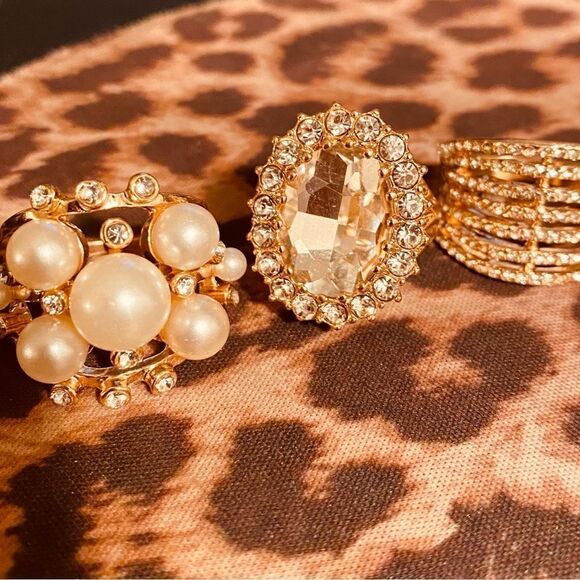 Gold Mix Pave & Pearls Ring Set Size 9 - Picture 1 of 12